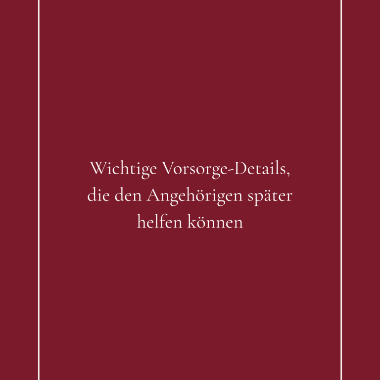 Titelseite in weißer Schrift auf rotem Hintergrund mit Wichtige Vorsorge-Details zur Unterstützung von Angehörigen.