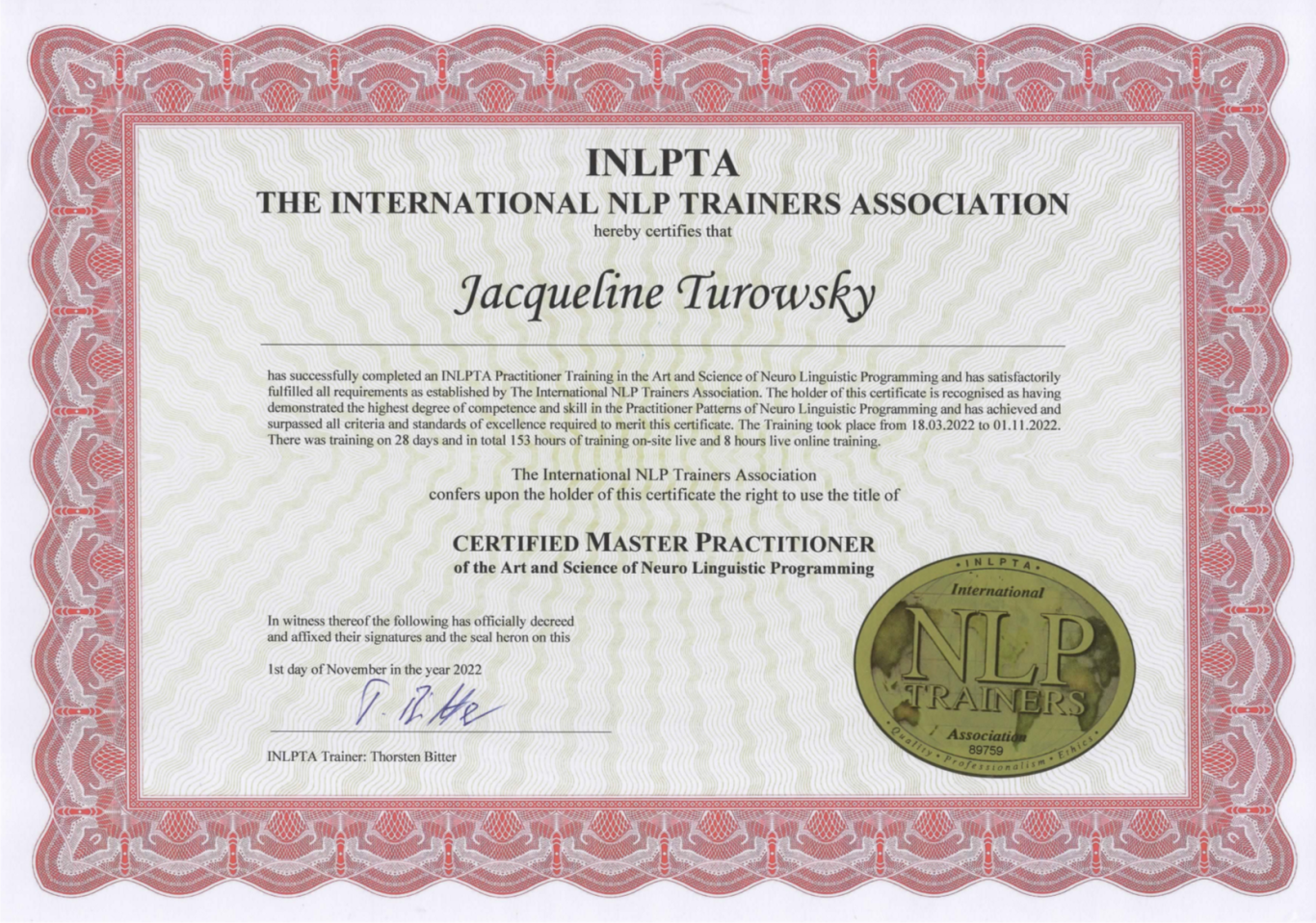 Zertifikat NLP-Practitioner für Jacqueline Turowsky mit dem Logo des internationalen Dachverbands und Unterschrift im März 2022