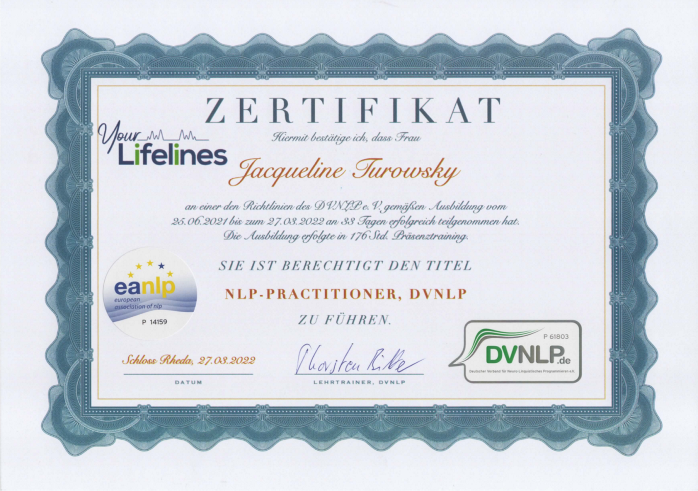 Zertifikat NLP-Practitioner für Jacqueline Turowsky mit dem Logo des deutschen und europäischen Dachverbands und Unterschrift im März 2022