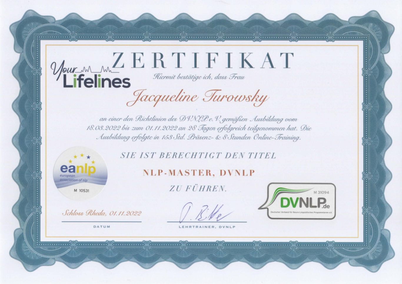 Zertifikat Master Coach Zertifikat NLP-Master für Jacqueline Turowsky mit Verbandslogi und Unterschrift