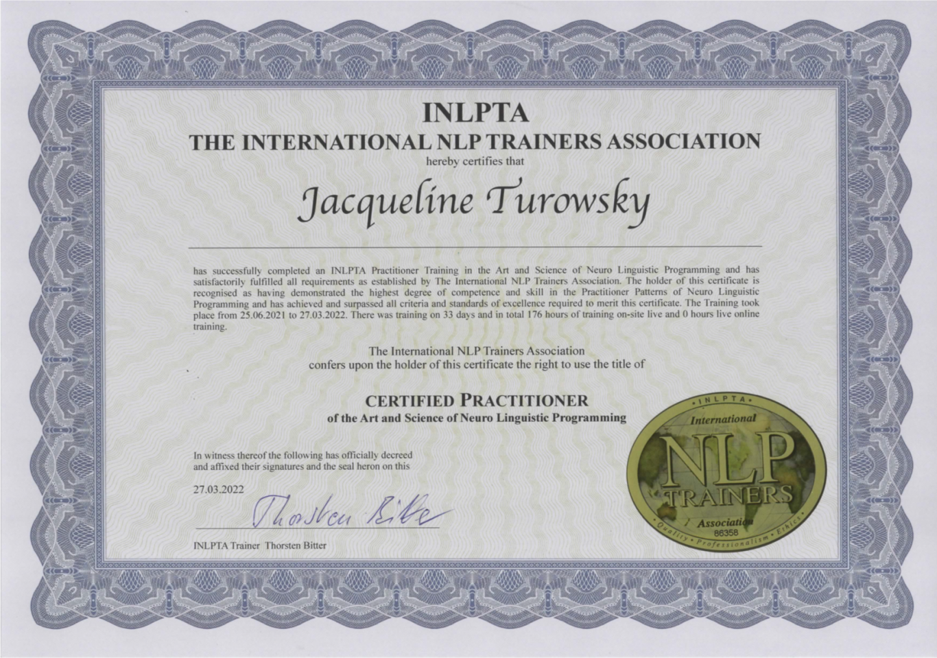 Zertifikat NLP-Master für Jacqueline Turowsky mit dem Logo des internationalen Dachverbands und Unterschrift im November 2022