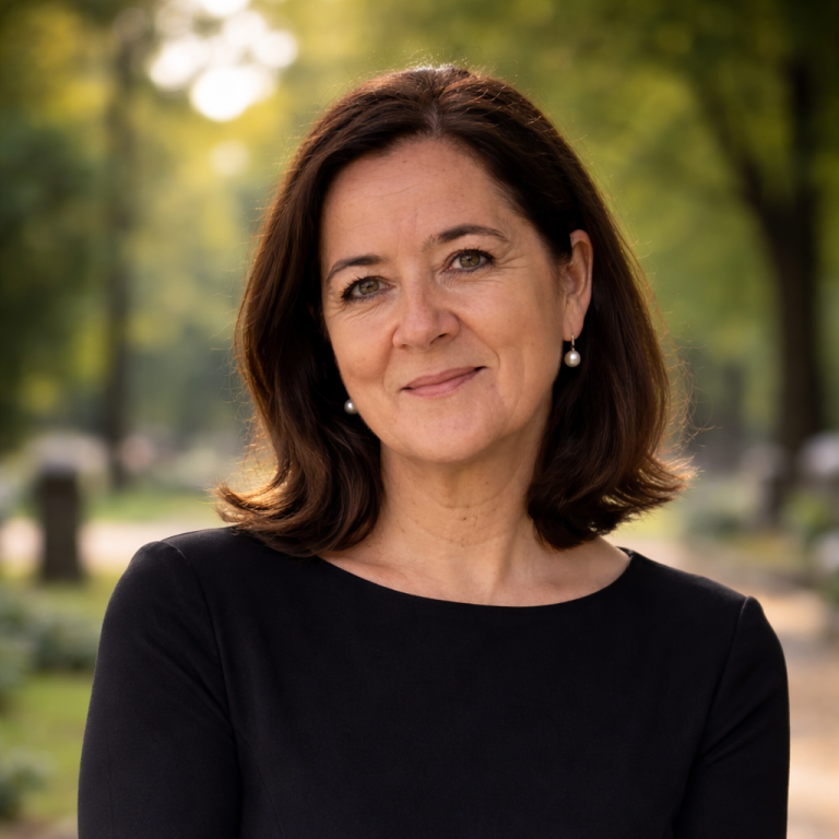 Trauerrednerin Jacqueline Turowsky in schwarzer Kleidung auf dem Friedhof umgeben von grünen Bäumen und Sonnenlicht